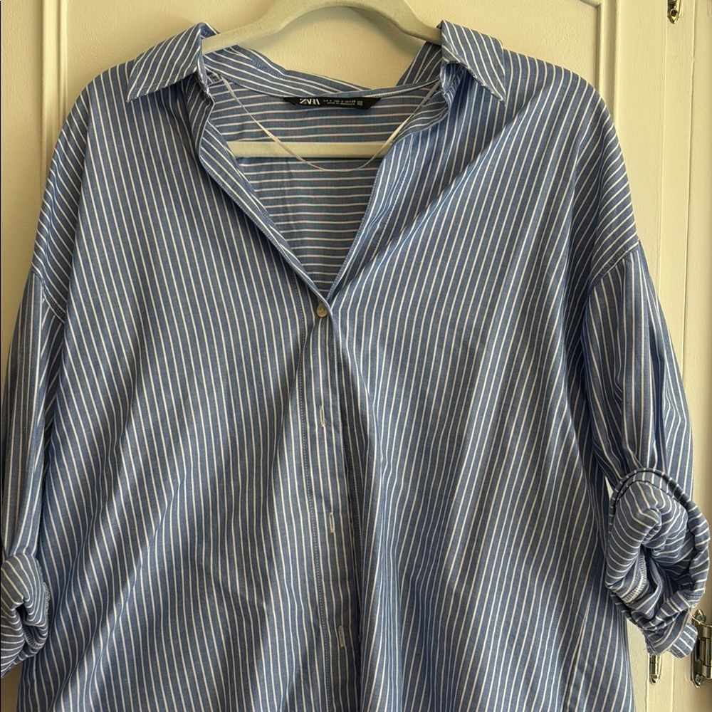 Zara Casual Blue and White Striped Button Down Shirt